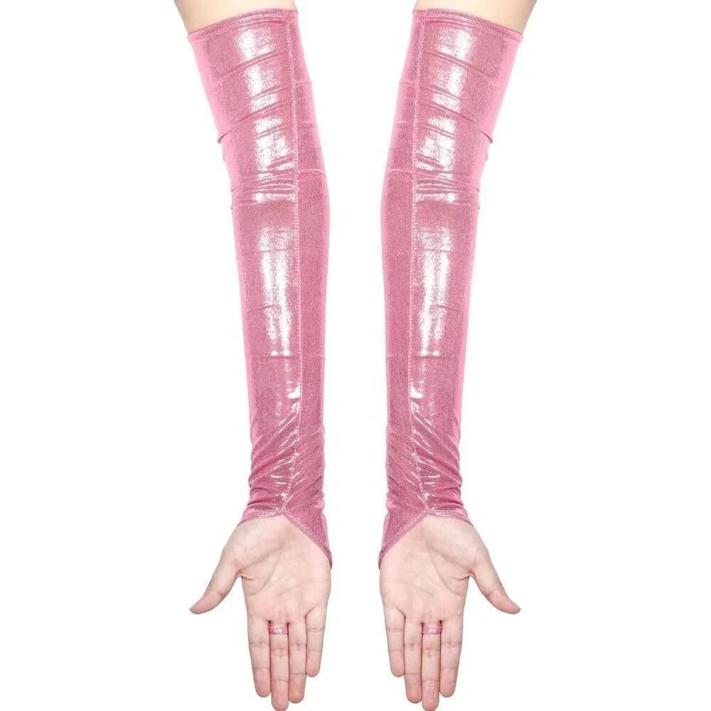Women's Pink Shiny Elastic Satin Rave Fingerless Long Gloves Party Costume